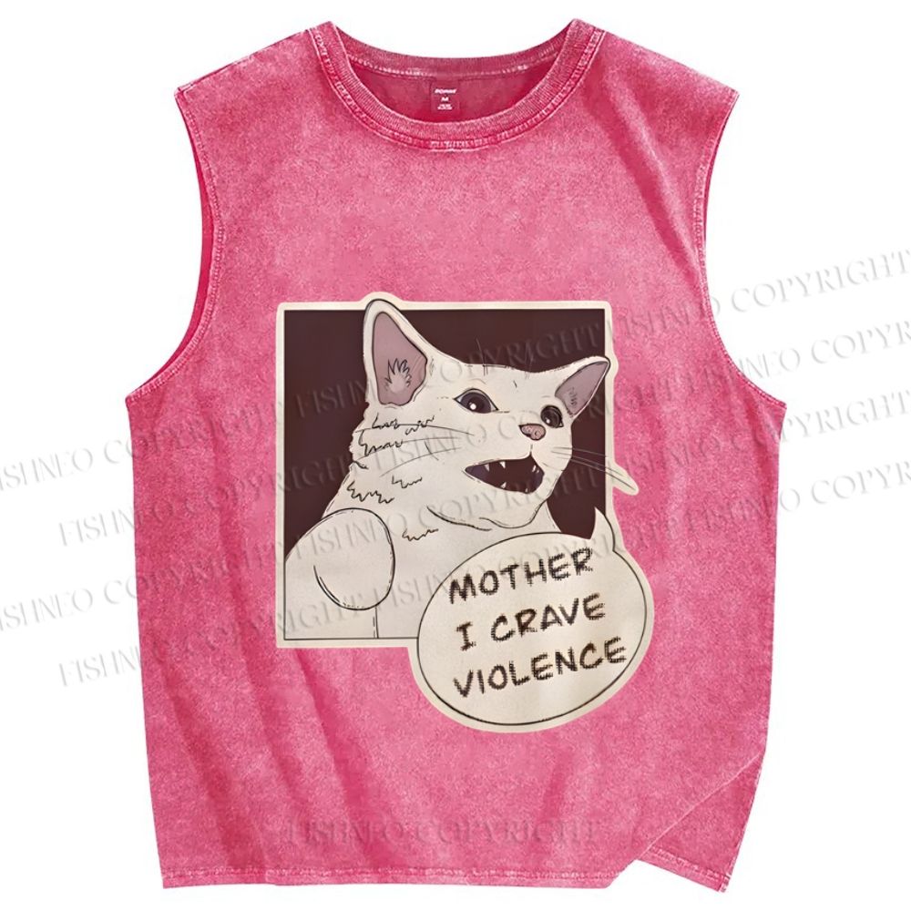Unisex Meme Cat Crave For Violence Printed Washed Tank Top