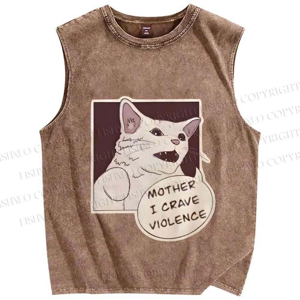 Unisex Meme Cat Crave For Violence Printed Washed Tank Top