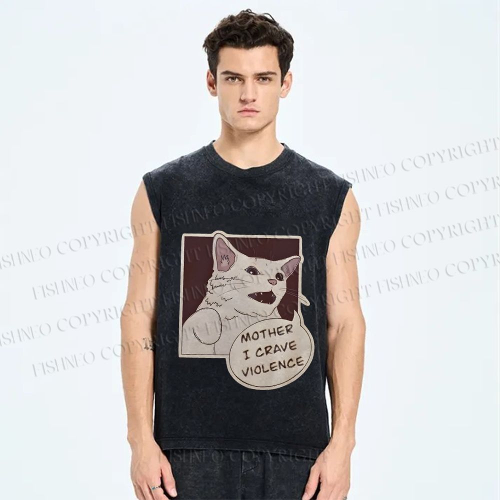 Unisex Meme Cat Crave For Violence Printed Washed Tank Top