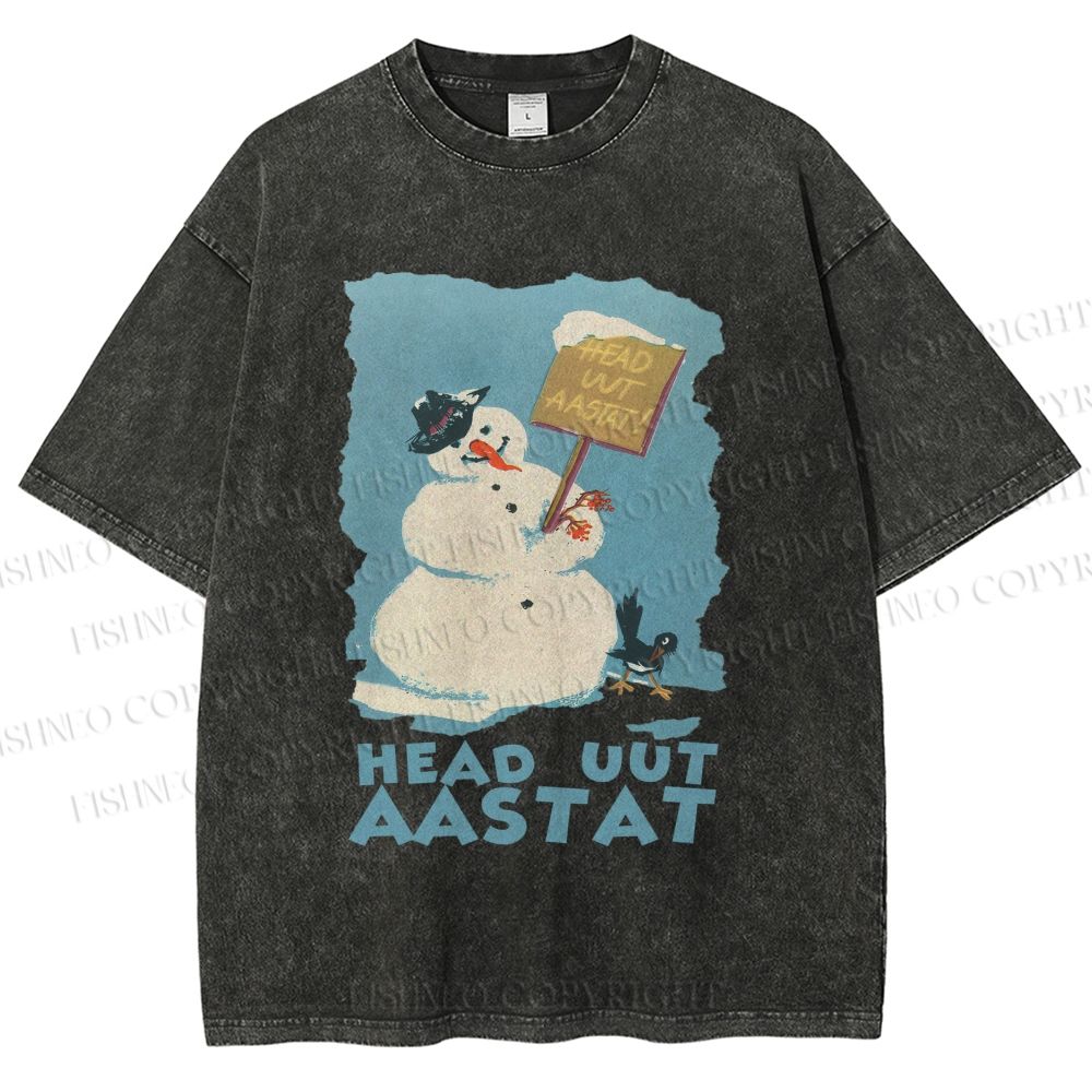 Unisex Vintage Snowman Head Uut Aastat Printed Washed Tee