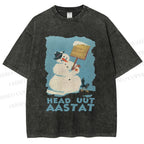 Unisex Vintage Snowman Head Uut Aastat Printed Washed Tee