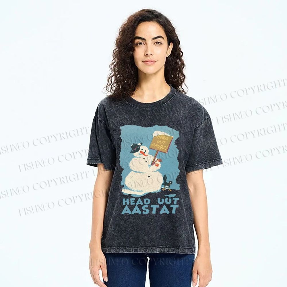 Unisex Vintage Snowman Head Uut Aastat Printed Washed Tee