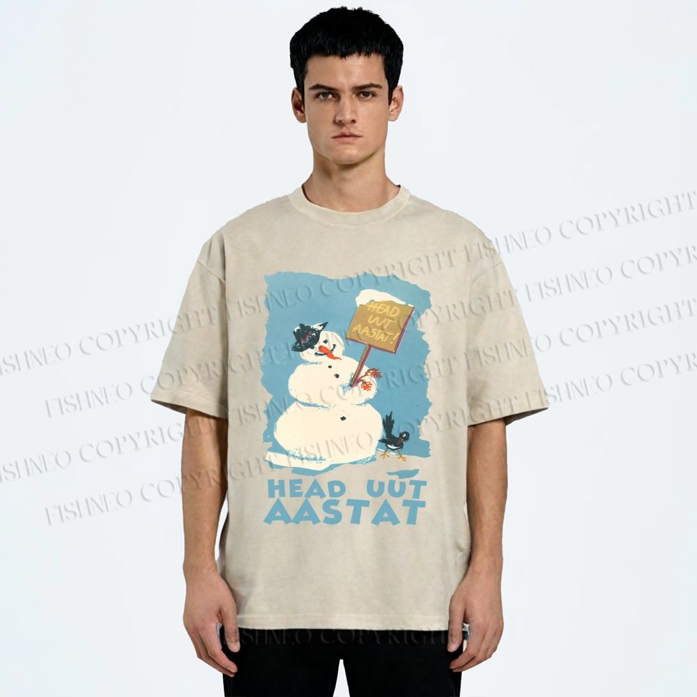 Unisex Vintage Snowman Head Uut Aastat Printed Washed Tee