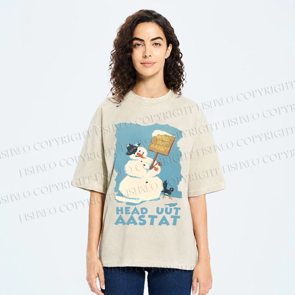 Unisex Vintage Snowman Head Uut Aastat Printed Washed Tee