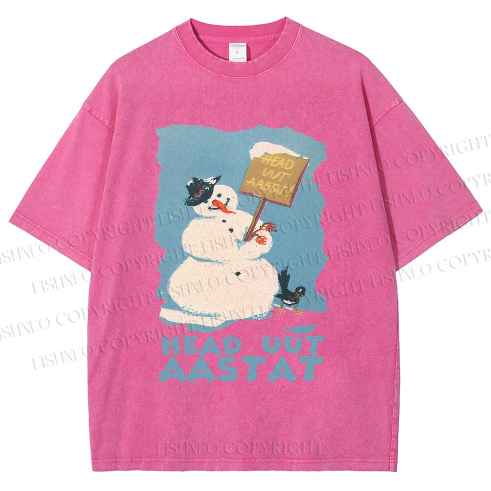 Unisex Vintage Snowman Head Uut Aastat Printed Washed Tee