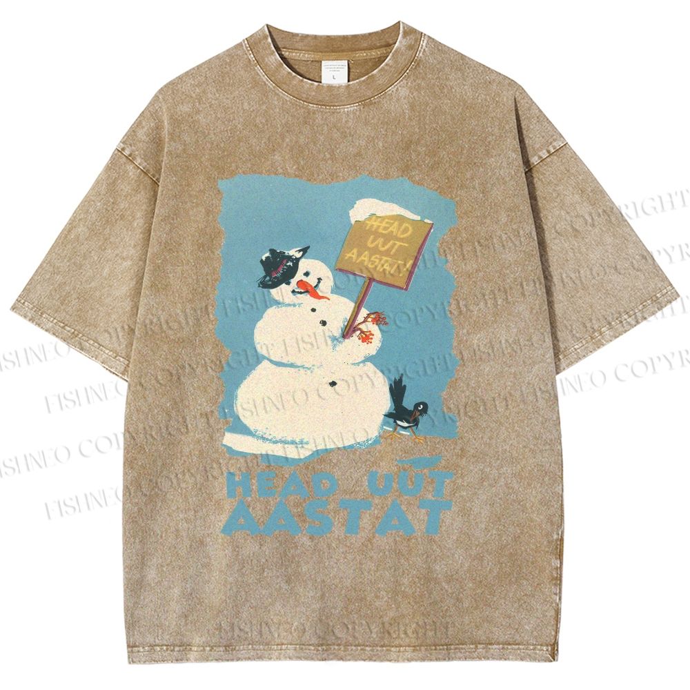 Unisex Vintage Snowman Head Uut Aastat Printed Washed Tee