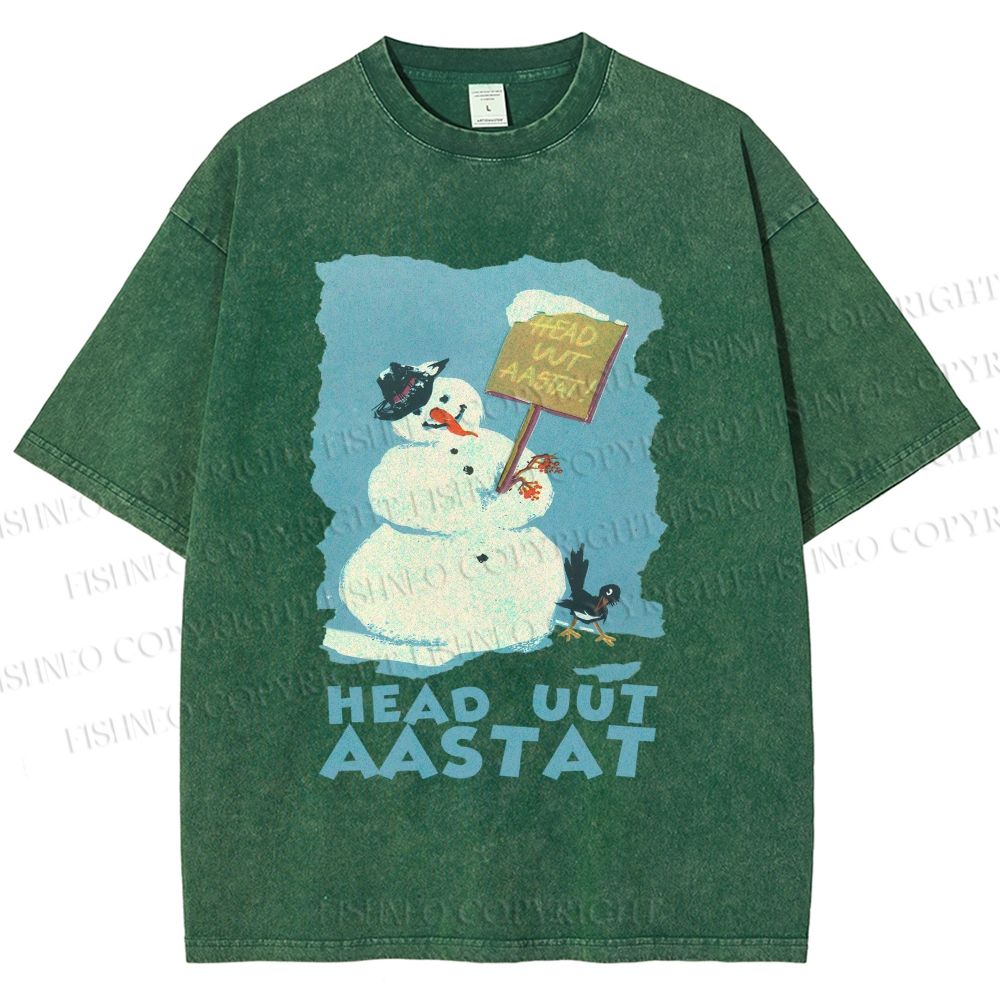 Unisex Vintage Snowman Head Uut Aastat Printed Washed Tee