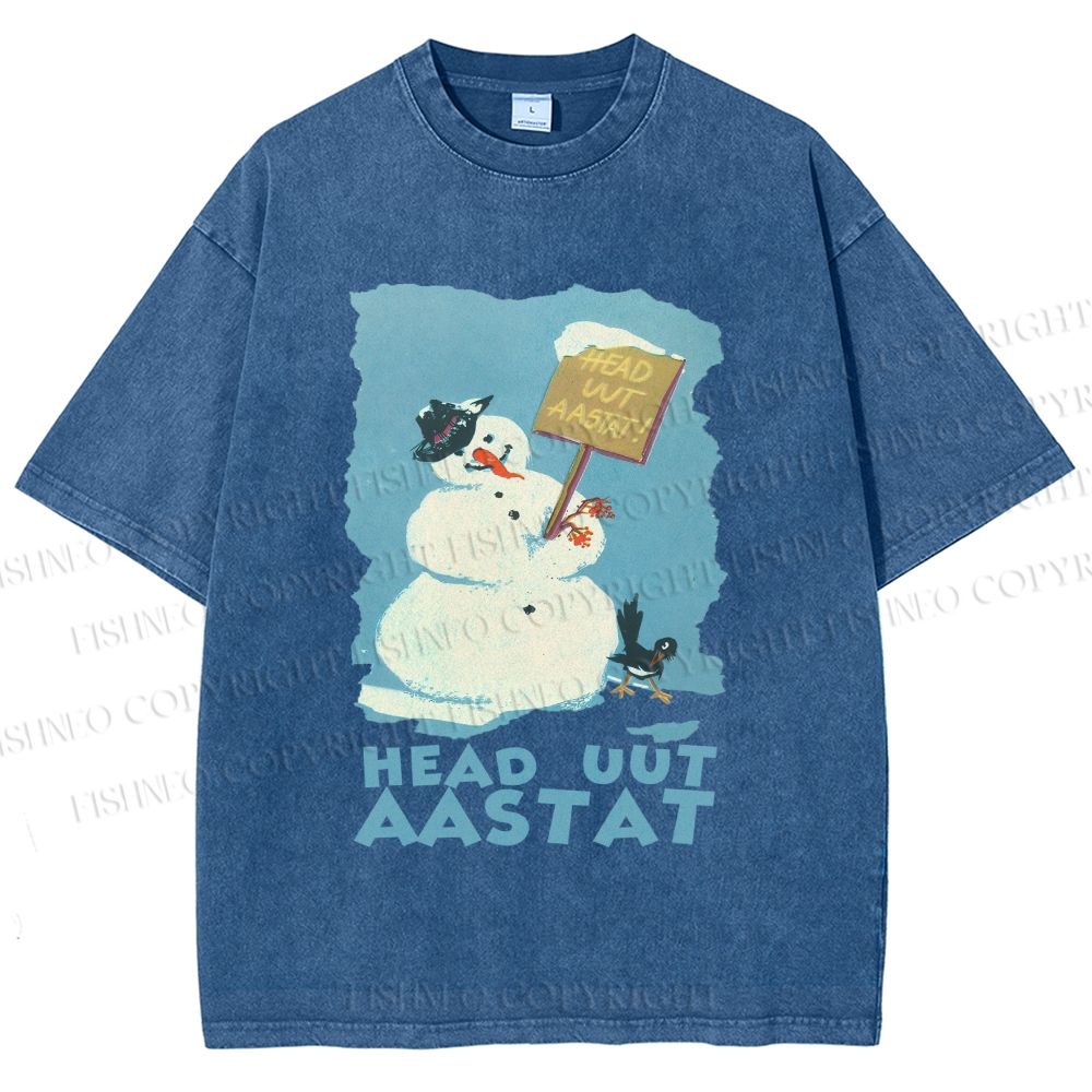 Unisex Vintage Snowman Head Uut Aastat Printed Washed Tee