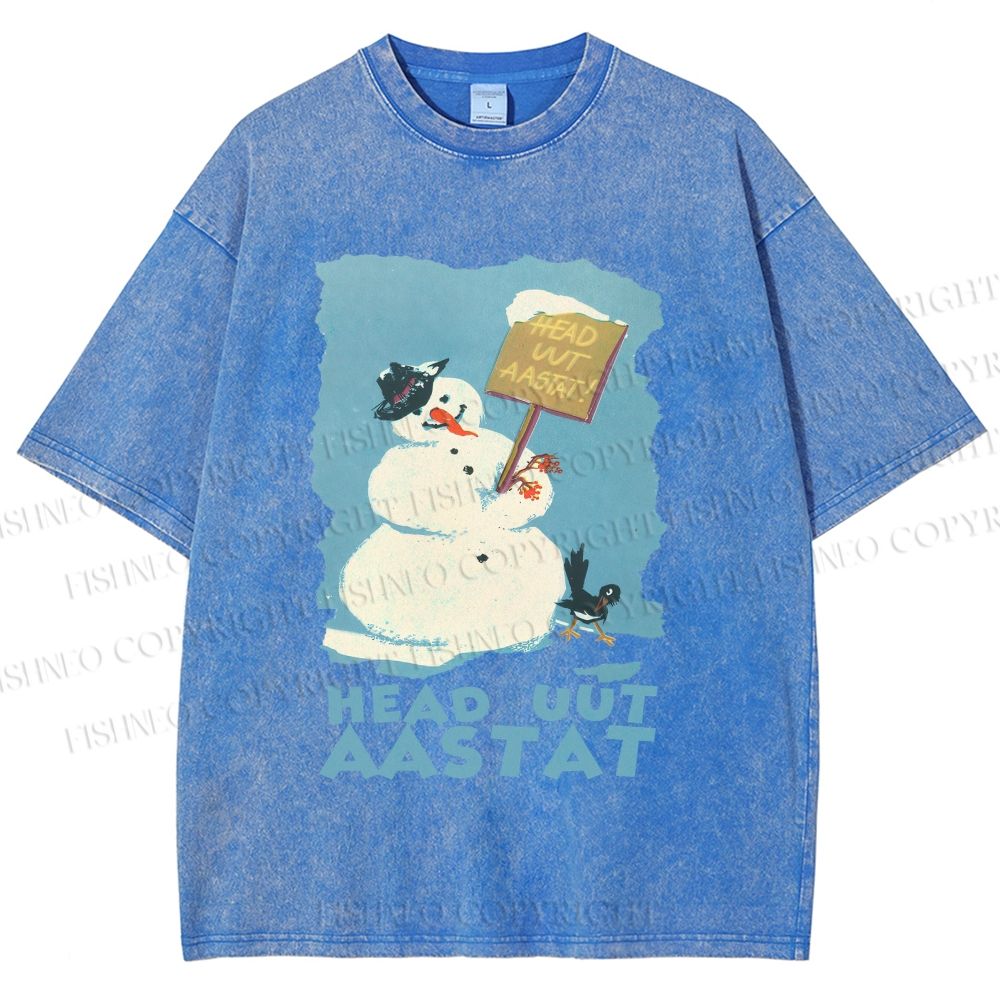 Unisex Vintage Snowman Head Uut Aastat Printed Washed Tee