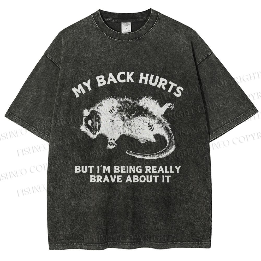 Unisex Vintage Rat Back Hurts But Very Brave About It Printed Washed Tee
