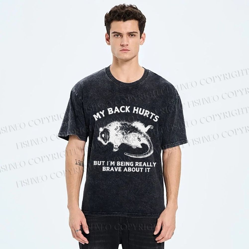 Unisex Vintage Rat Back Hurts But Very Brave About It Printed Washed Tee