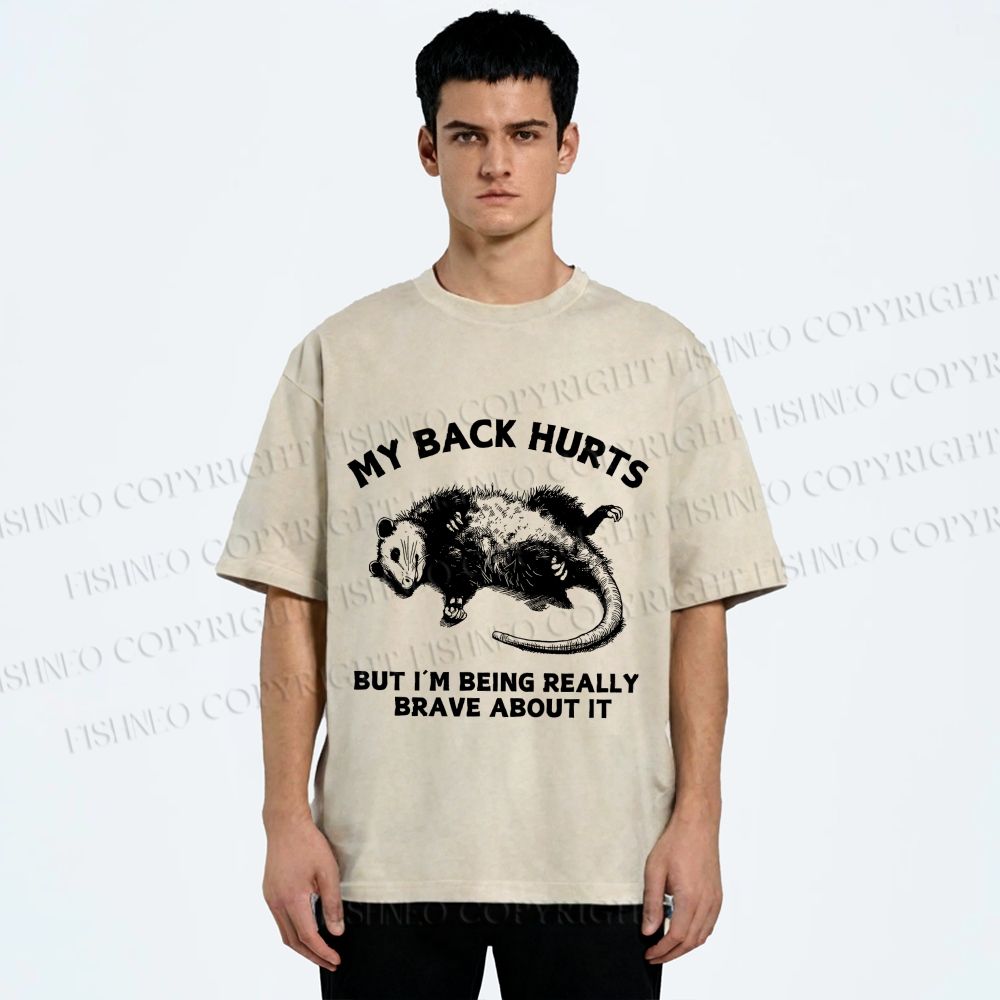 Unisex Vintage Rat Back Hurts But Very Brave About It Printed Washed Tee