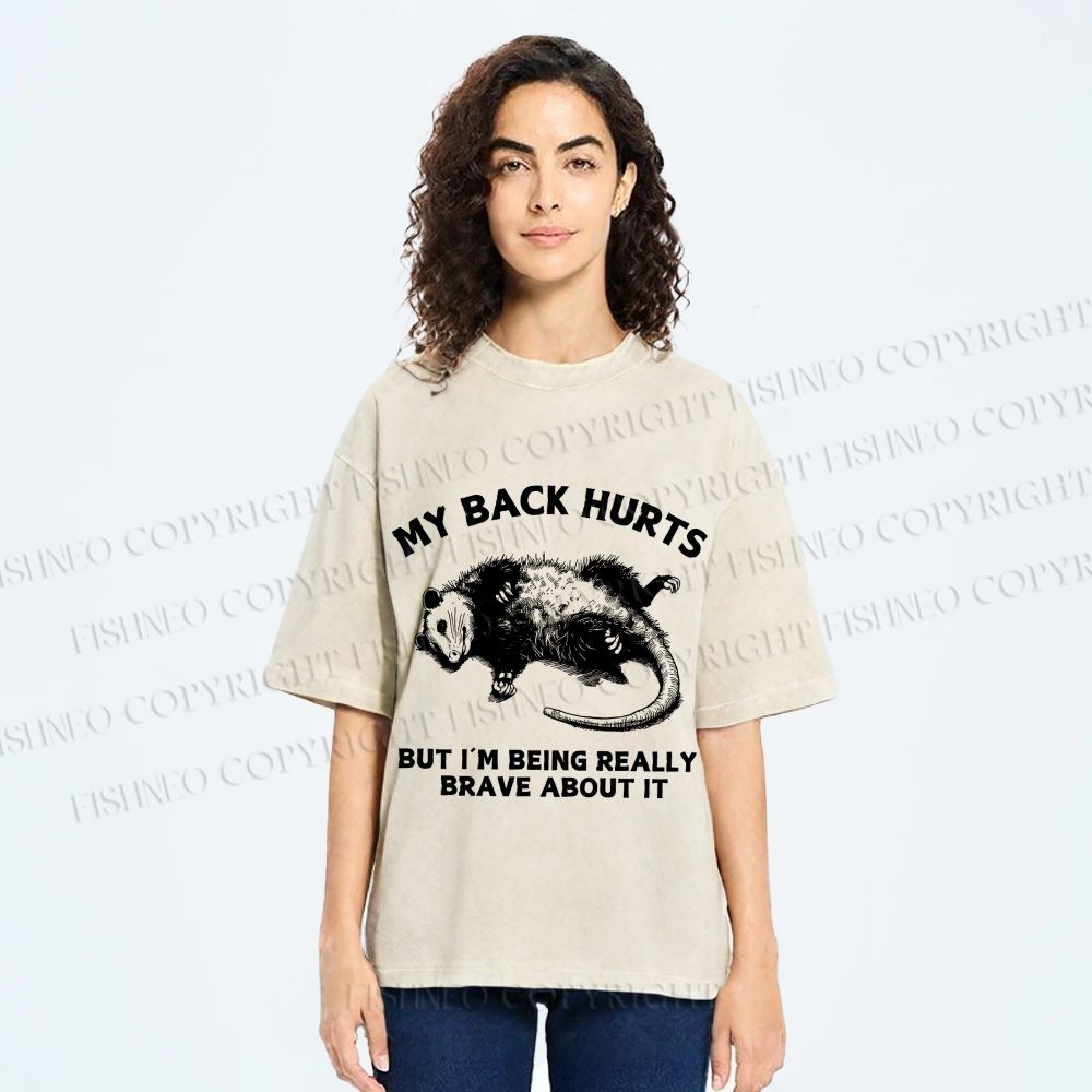 Unisex Vintage Rat Back Hurts But Very Brave About It Printed Washed Tee