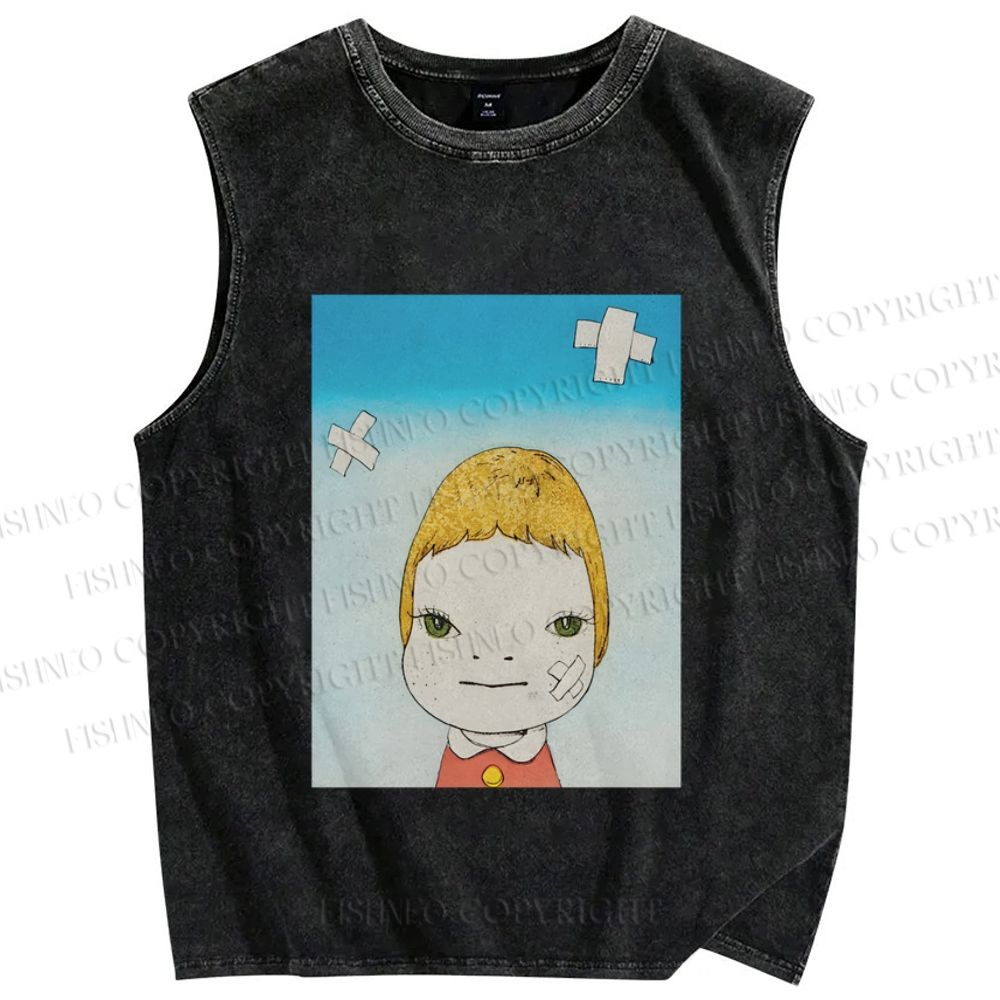 Unisex Yoshitomo Nara Green Eyes Printed Washed Tank Top