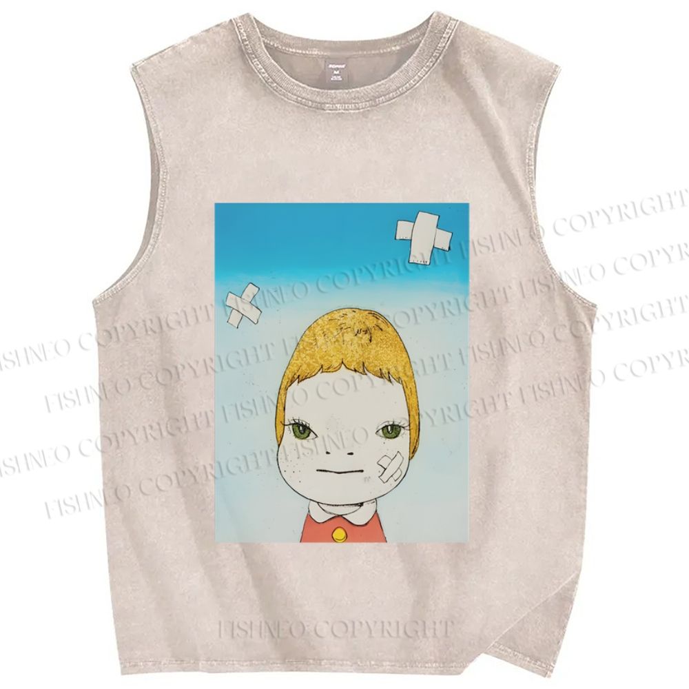 Unisex Yoshitomo Nara Green Eyes Printed Washed Tank Top