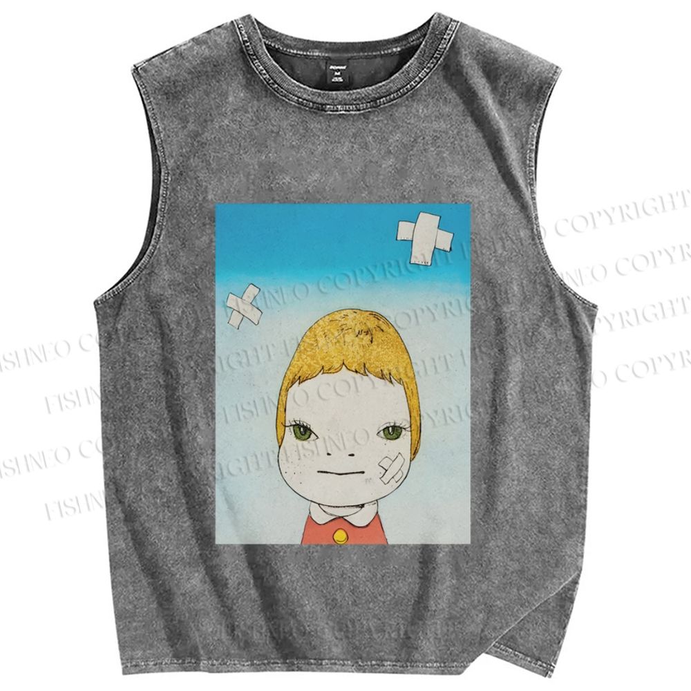 Unisex Yoshitomo Nara Green Eyes Printed Washed Tank Top