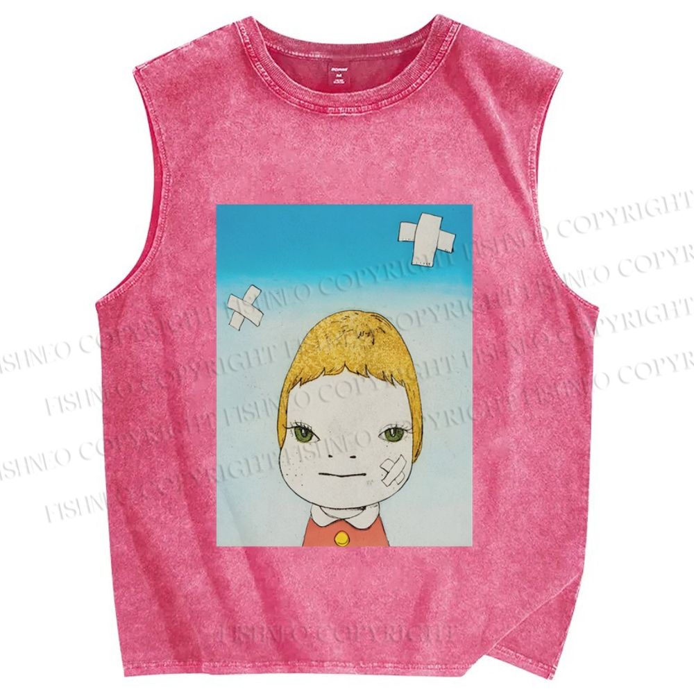 Unisex Yoshitomo Nara Green Eyes Printed Washed Tank Top