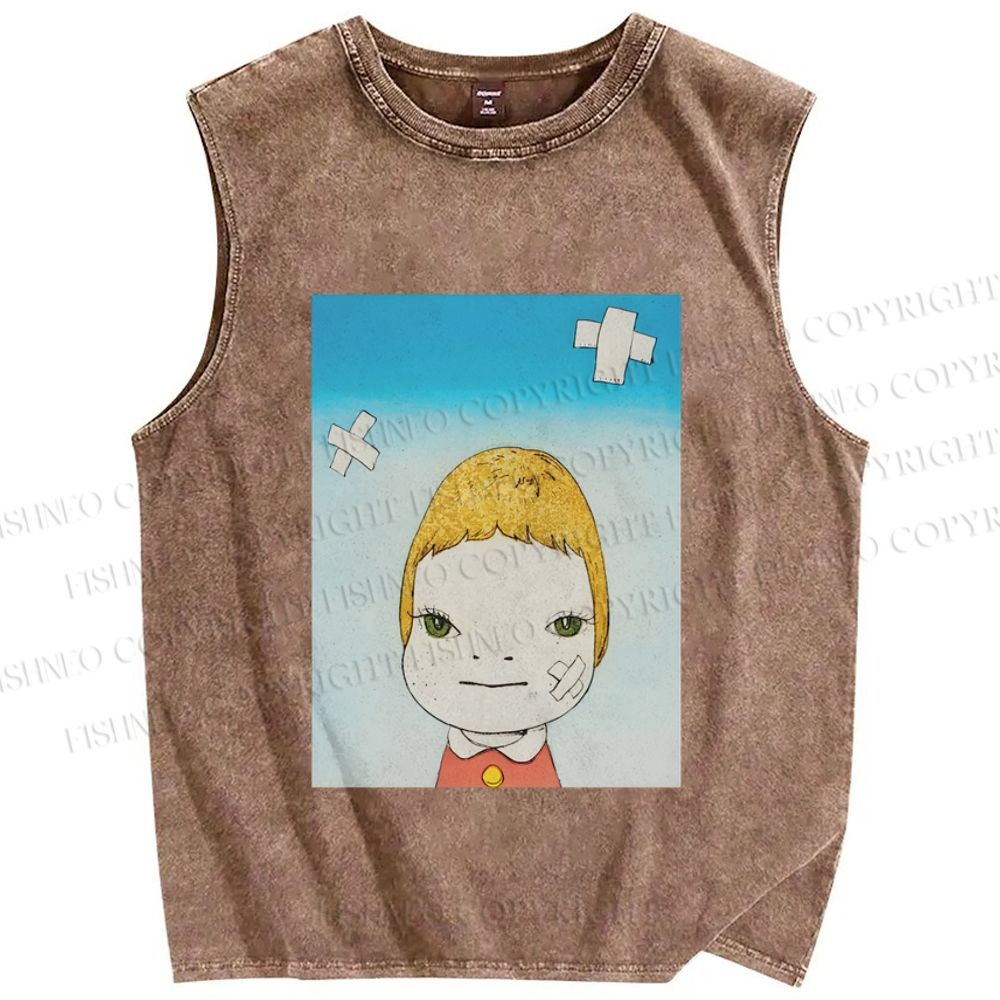 Unisex Yoshitomo Nara Green Eyes Printed Washed Tank Top