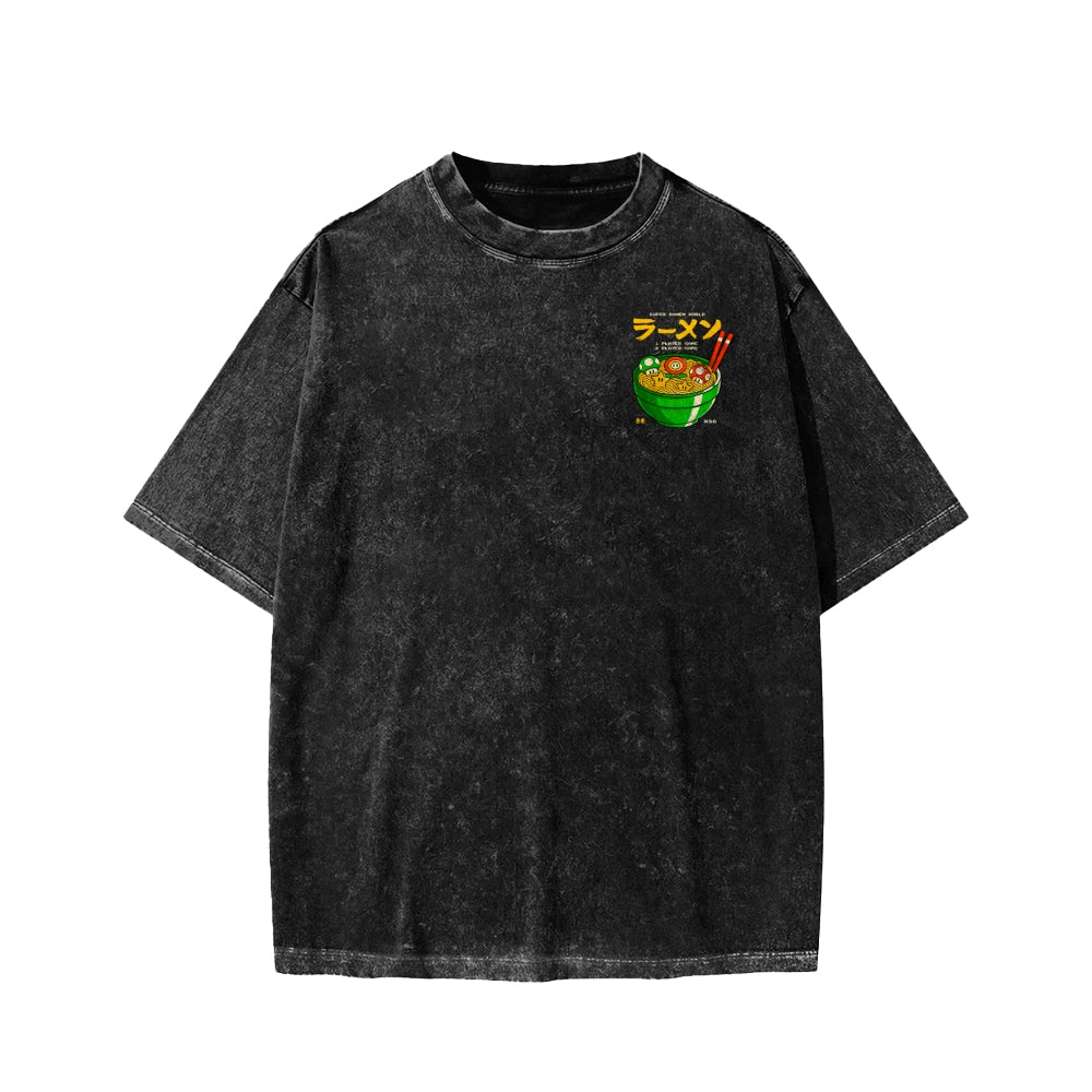 Unisex Super Ramen World Front And Back Printed Washed Tee