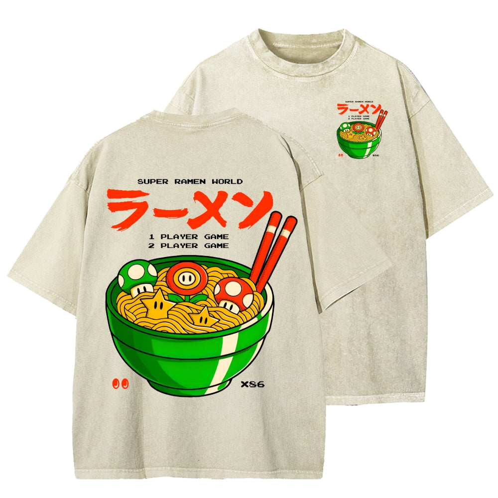 Unisex Super Ramen World Front And Back Printed Washed Tee