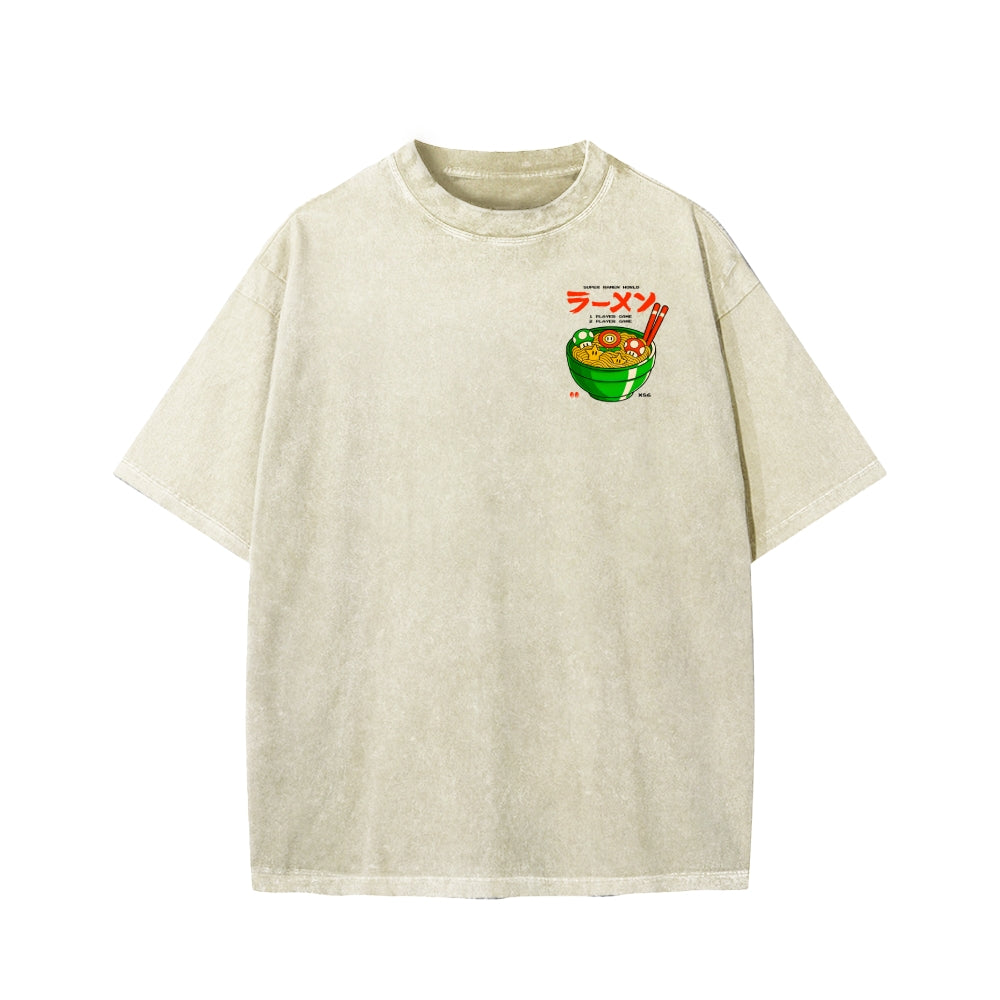 Unisex Super Ramen World Front And Back Printed Washed Tee