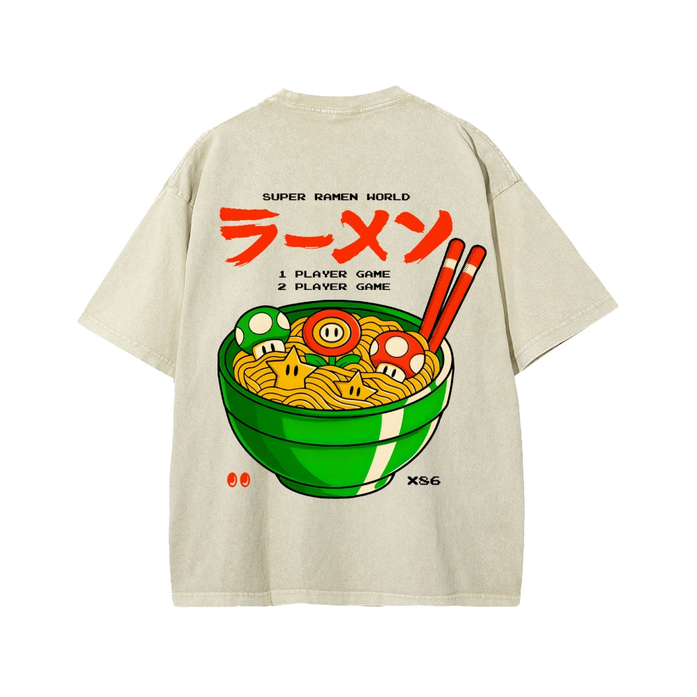 Unisex Super Ramen World Front And Back Printed Washed Tee
