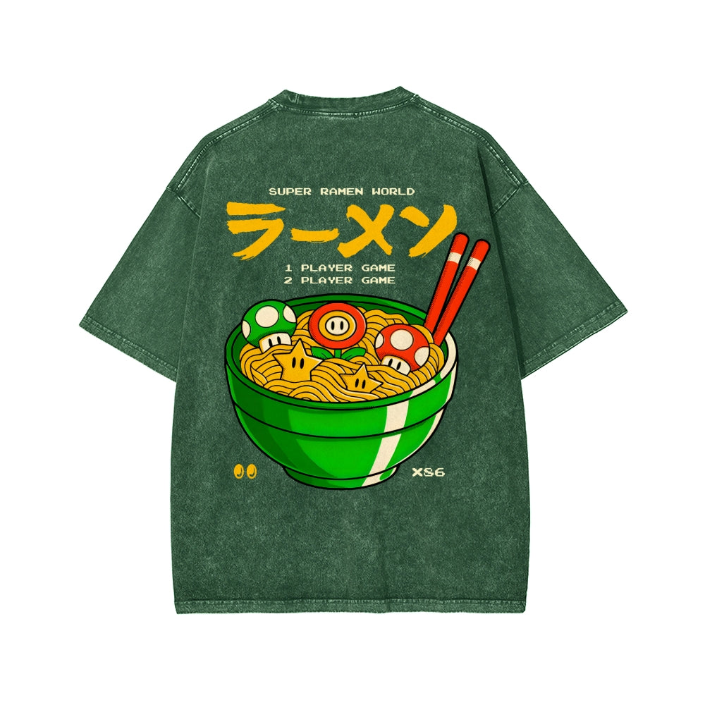 Unisex Super Ramen World Front And Back Printed Washed Tee