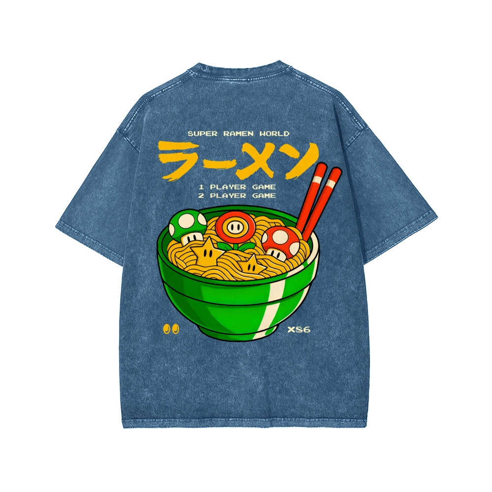 Unisex Super Ramen World Front And Back Printed Washed Tee