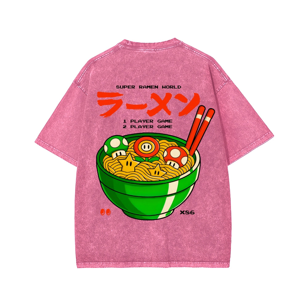 Unisex Super Ramen World Front And Back Printed Washed Tee