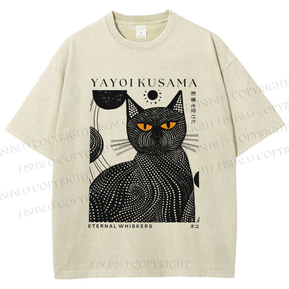 Unisex Japanese Yayoi Kusama Black Cat Printed Washed Tee