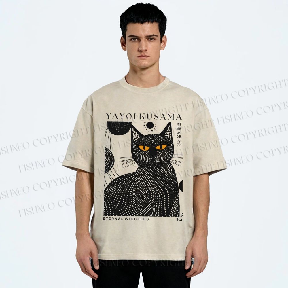 Unisex Japanese Yayoi Kusama Black Cat Printed Washed Tee