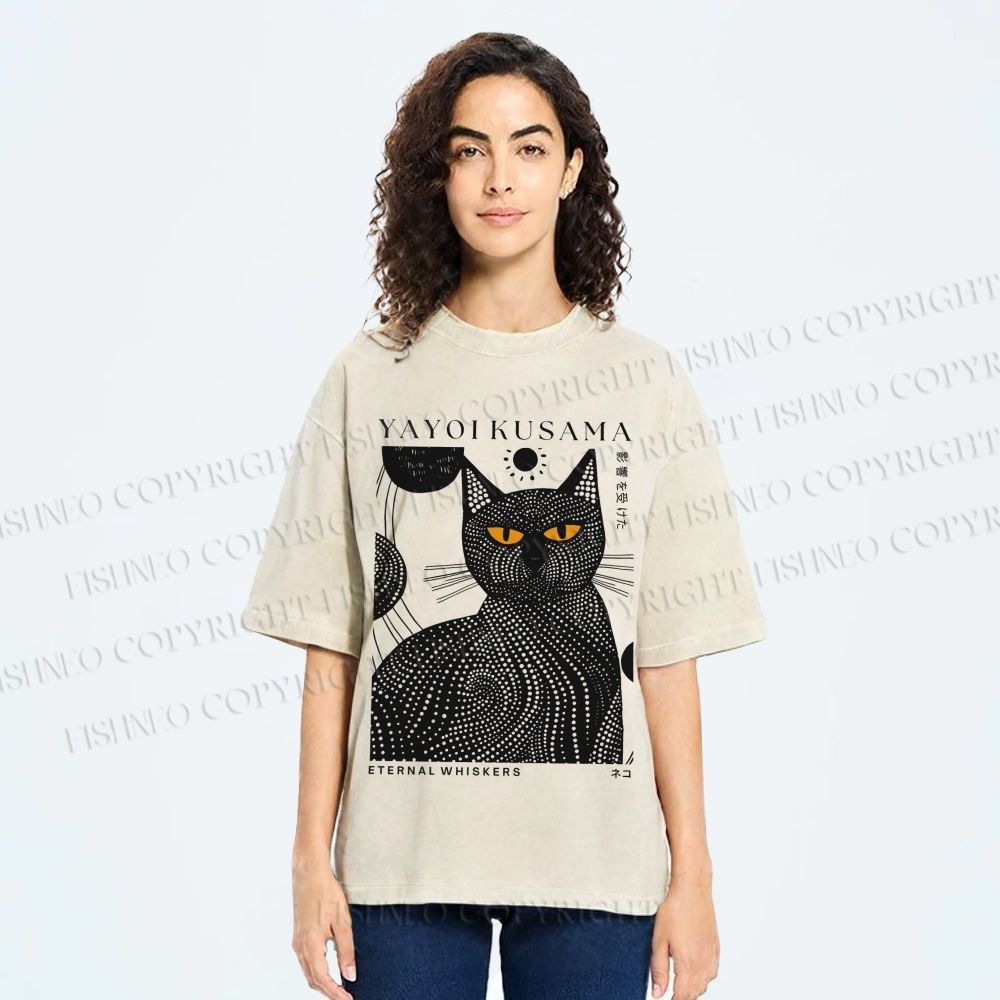 Unisex Japanese Yayoi Kusama Black Cat Printed Washed Tee