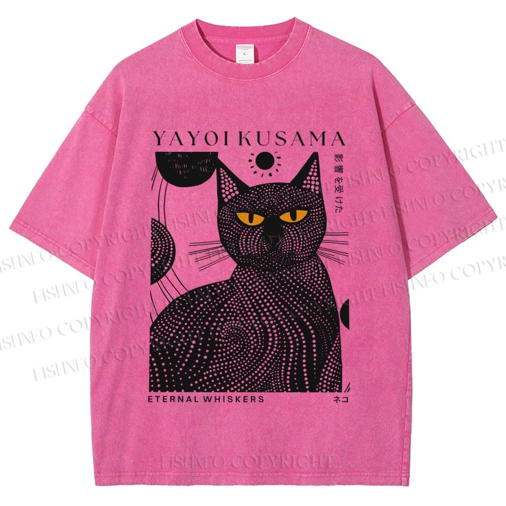 Unisex Japanese Yayoi Kusama Black Cat Printed Washed Tee