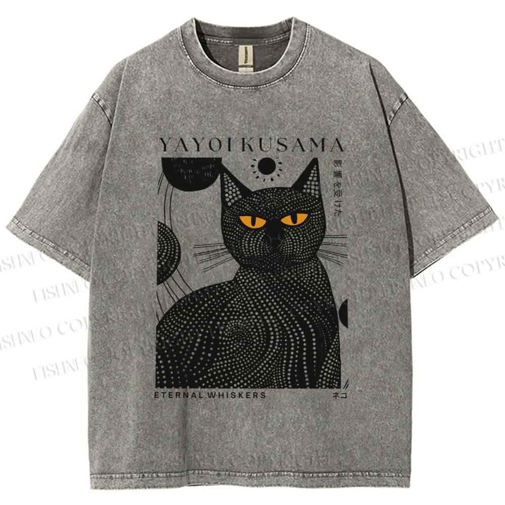 Unisex Japanese Yayoi Kusama Black Cat Printed Washed Tee