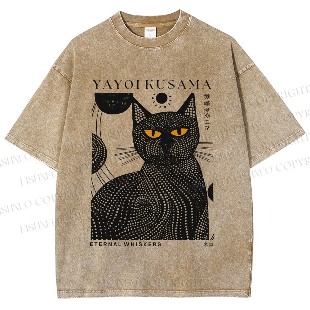 Unisex Japanese Yayoi Kusama Black Cat Printed Washed Tee