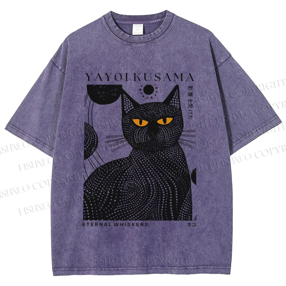 Unisex Japanese Yayoi Kusama Black Cat Printed Washed Tee