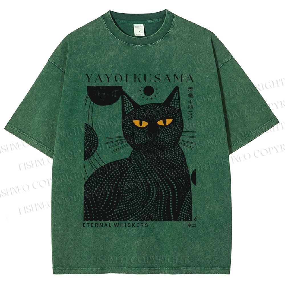Unisex Japanese Yayoi Kusama Black Cat Printed Washed Tee