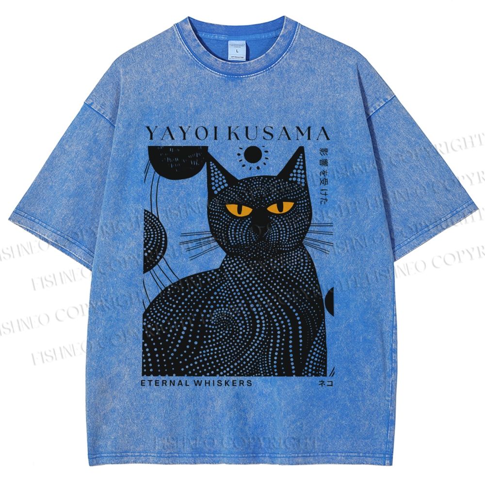 Unisex Japanese Yayoi Kusama Black Cat Printed Washed Tee