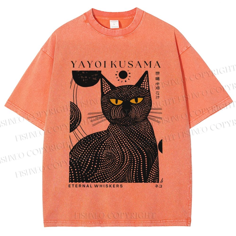 Unisex Japanese Yayoi Kusama Black Cat Printed Washed Tee