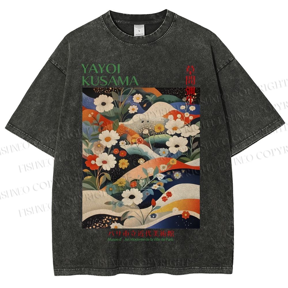Unisex Japanese Art Flower Yayoi Kusama Printed Washed Tee