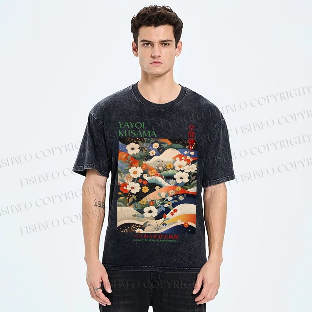 Unisex Japanese Art Flower Yayoi Kusama Printed Washed Tee