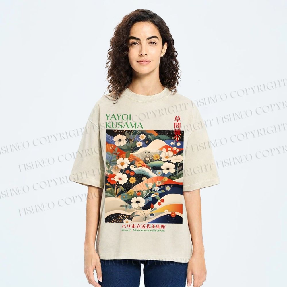 Unisex Japanese Art Flower Yayoi Kusama Printed Washed Tee