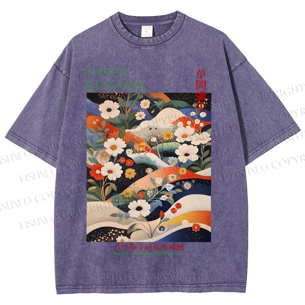 Unisex Japanese Art Flower Yayoi Kusama Printed Washed Tee