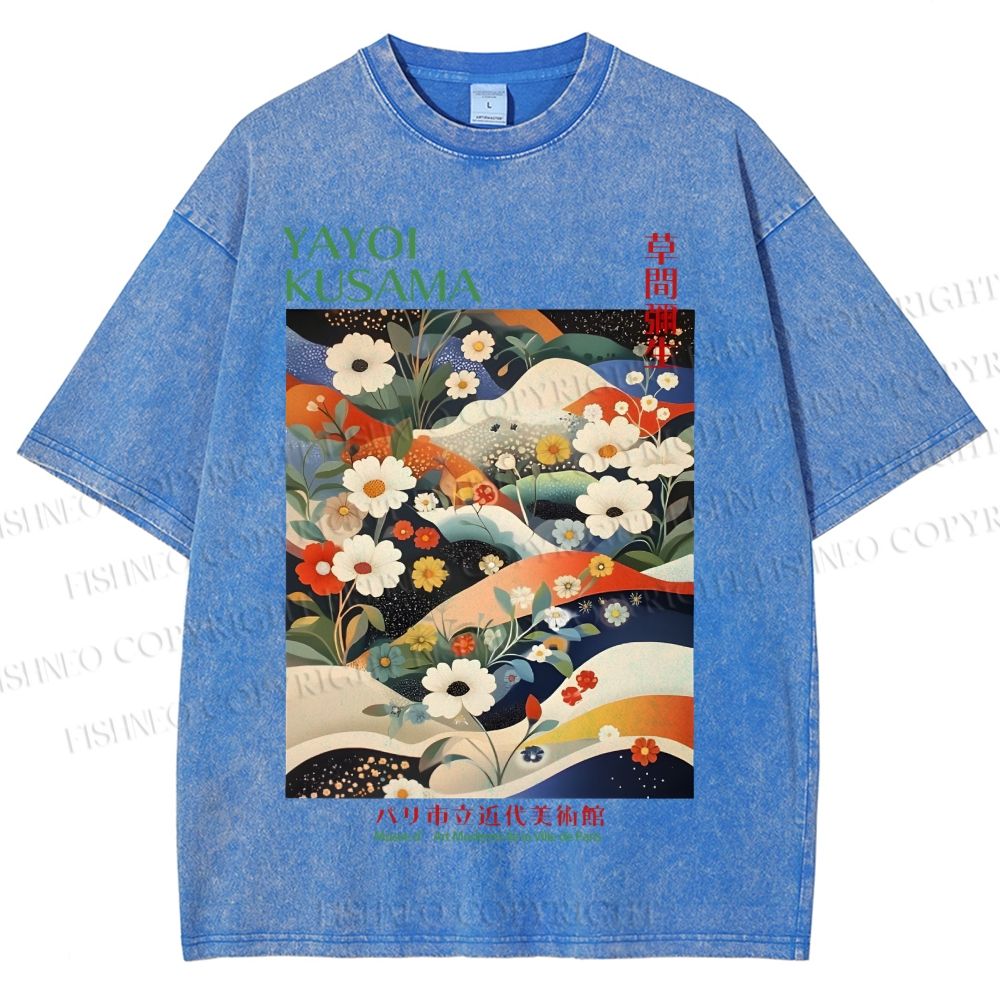 Unisex Japanese Art Flower Yayoi Kusama Printed Washed Tee
