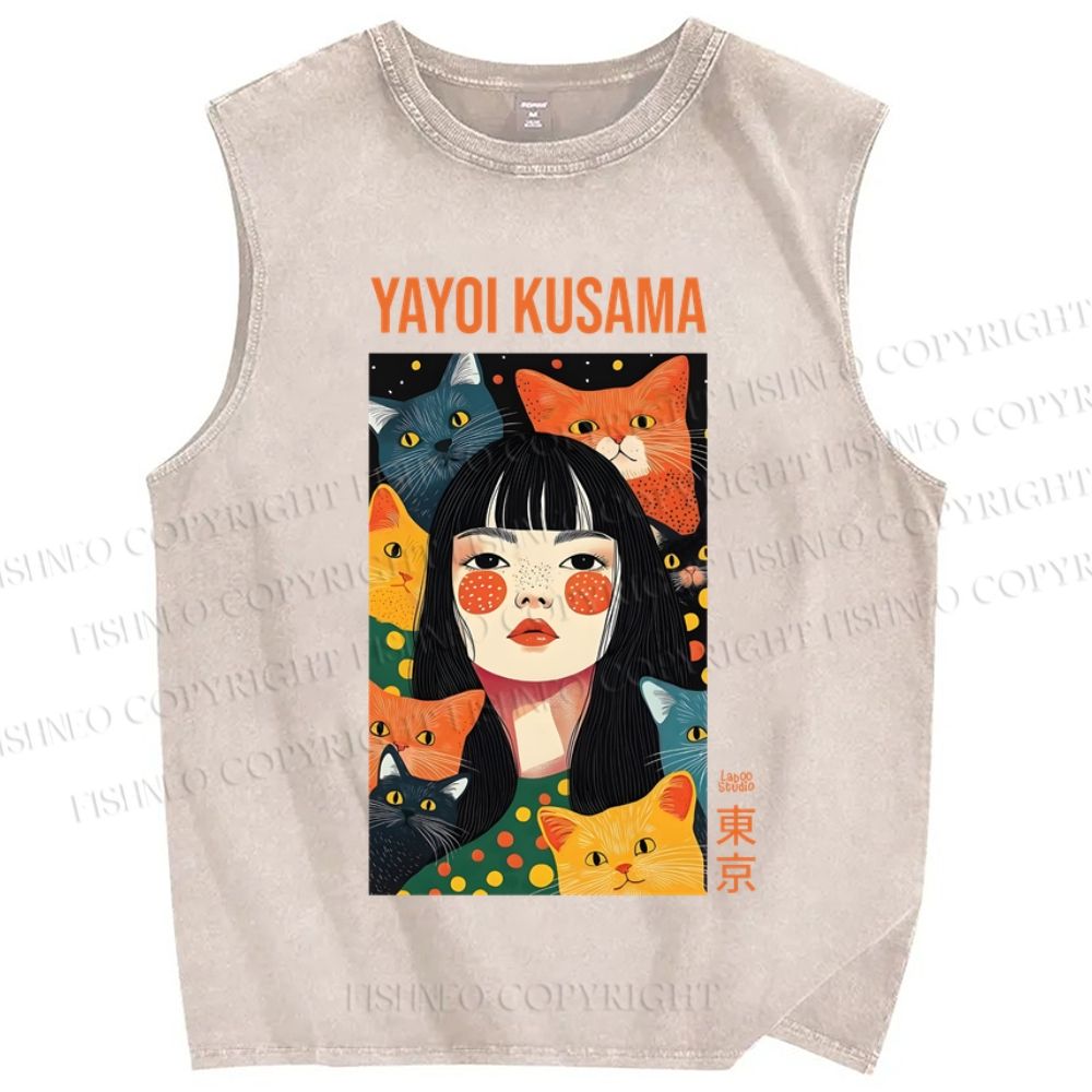 Unisex Japanese Woman With Cats Yayoi Kusama Printed Washed Tank Top