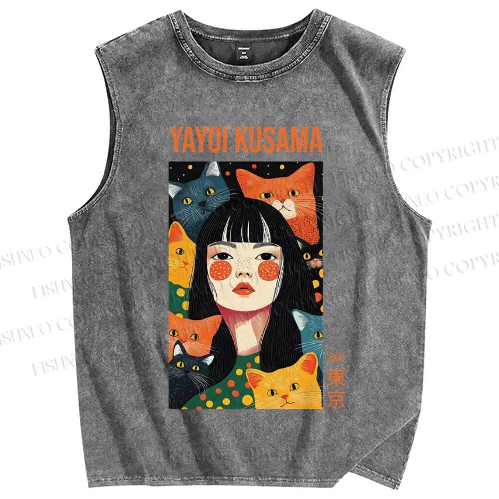 Unisex Japanese Woman With Cats Yayoi Kusama Printed Washed Tank Top