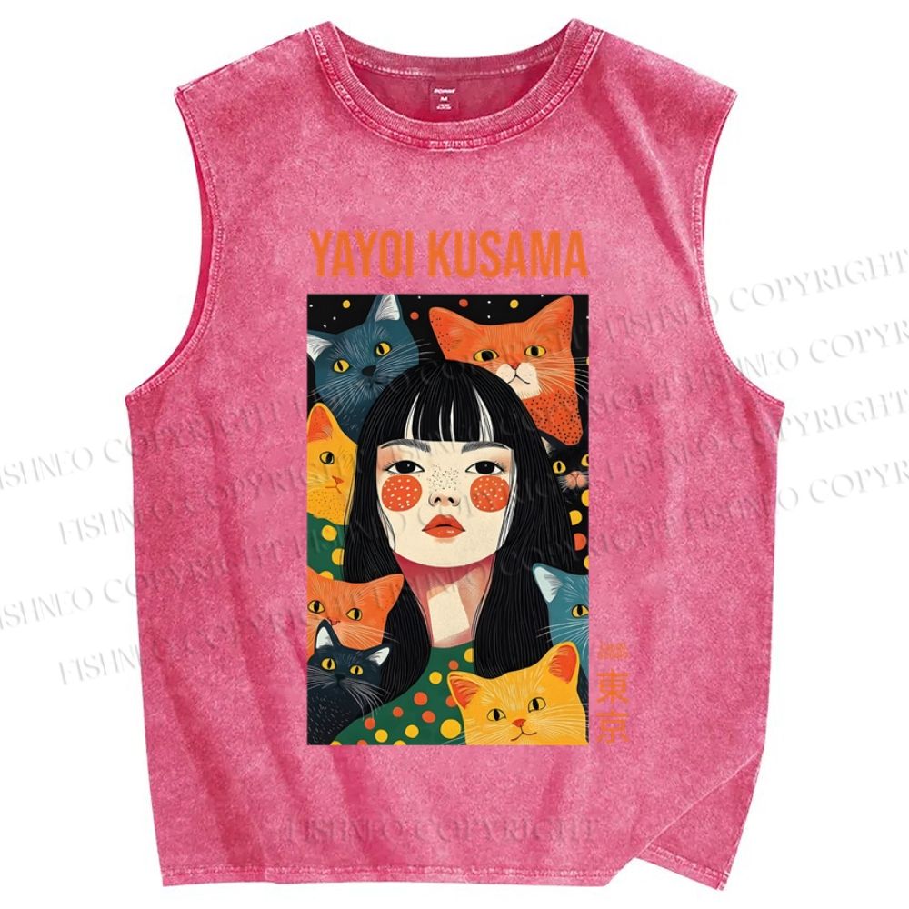 Unisex Japanese Woman With Cats Yayoi Kusama Printed Washed Tank Top