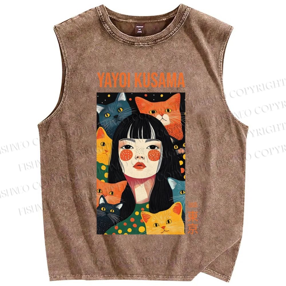 Unisex Japanese Woman With Cats Yayoi Kusama Printed Washed Tank Top