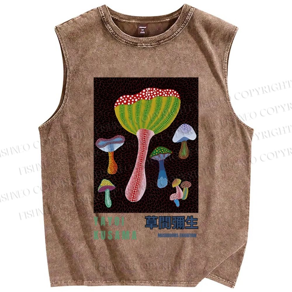 Unisex Japanese Yayoi Kusama Mushroom Printed Washed Tank Top