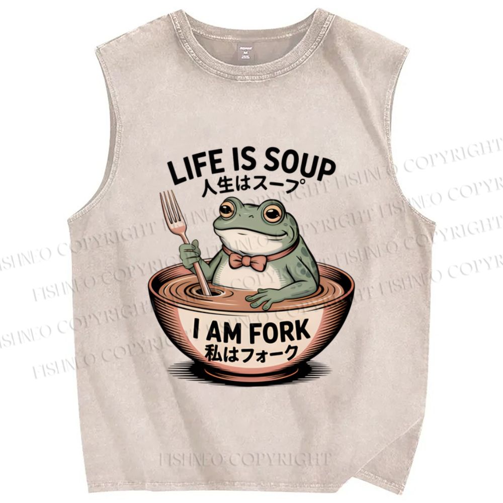Unisex Life Is Soup I Am Fork Frog Printed Washed Tank Top